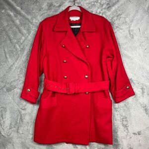Designer Red Cashmere Wool Dbl Breasted Belted Coat Sz 12 Womens Statement Piece